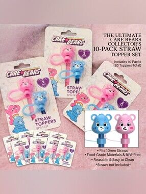 NWT 10 Sets Care Bears Grumpy Bear & Cheer Bear 10mm Straw Toppers BPA FREE